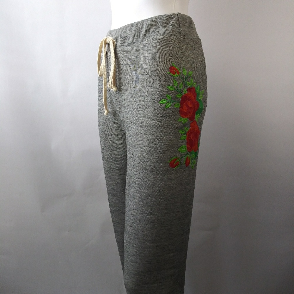 Wildfox Embroidered Red Roses Jogger Pants